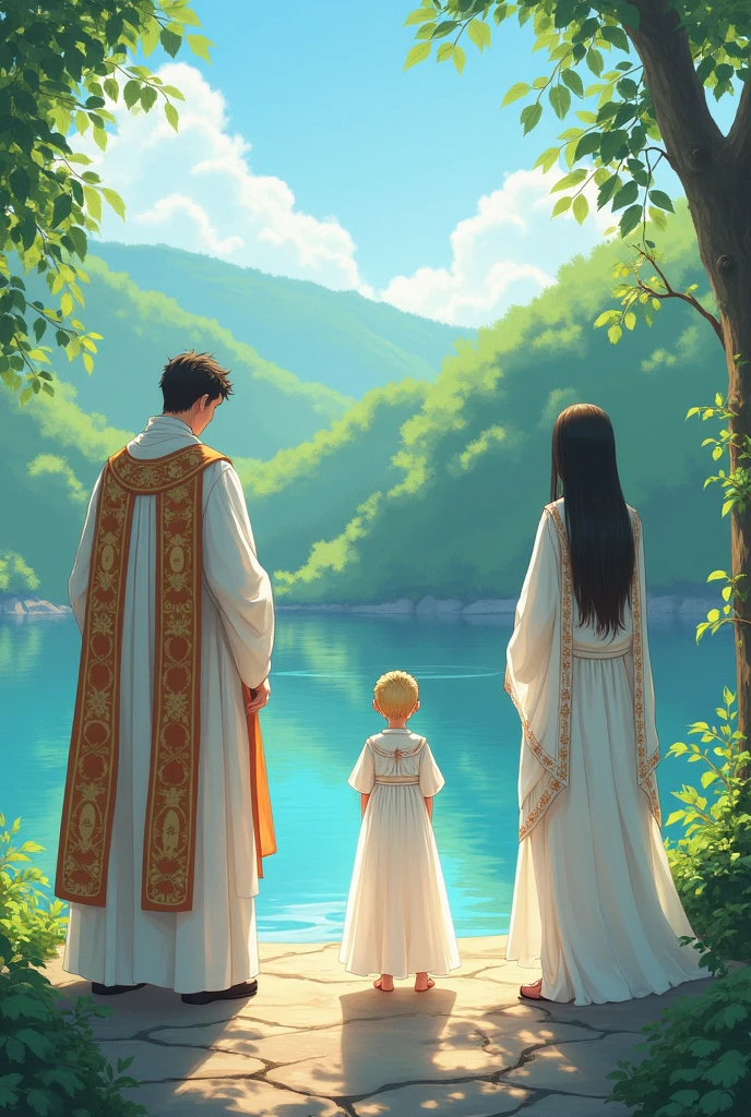(anime manga style)
A picturesque outdoor setting with a natural body of water (e.g., a river, lake, or ocean).
* Characters: A priest, a young child dressed in a white gown, and the child's parents.
