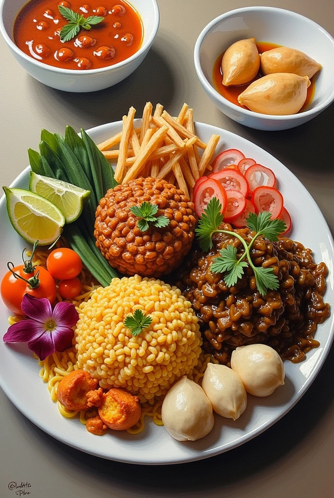 Oil painting of various peranakan and singapore dishes on a plate and/or bow. No humans in the picture.
