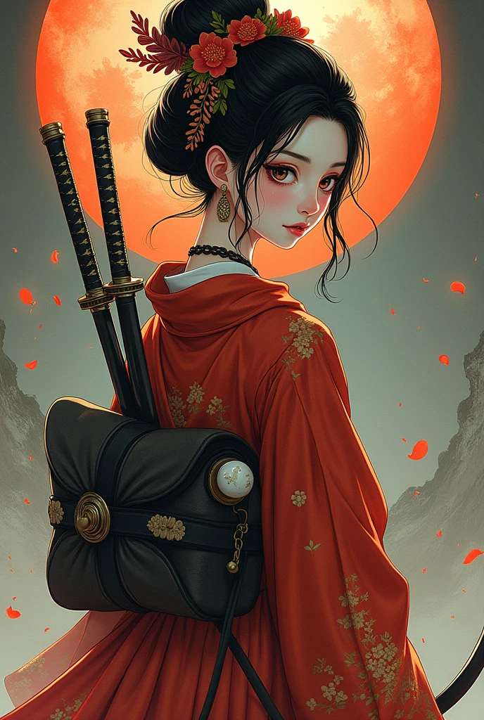 (Ultra-detailed face, looking away, Fantasy Illustration with Gothic, Ukiyo-e, Comic Art, Rich colors), BREAK (Japanese courtesan of the Heian period (794-1185), wearing a black eboshi (headgear), a pair of bracelets over the ears, a vermilion-embroidered robe with a hem of a gesho (undergarment) reaching from the waist to the ground, a hanabuto (half arm) visible under the collar, a belt with a hirago (a flat cord) around the waist, a ceremonial sword with an inlay on the belt, an arrow barrel on his back, an arrow in the barrel, a bow about his height, and a white thimble with a white thong and black leather shoes. He wears white thimble and black leather shoes.)