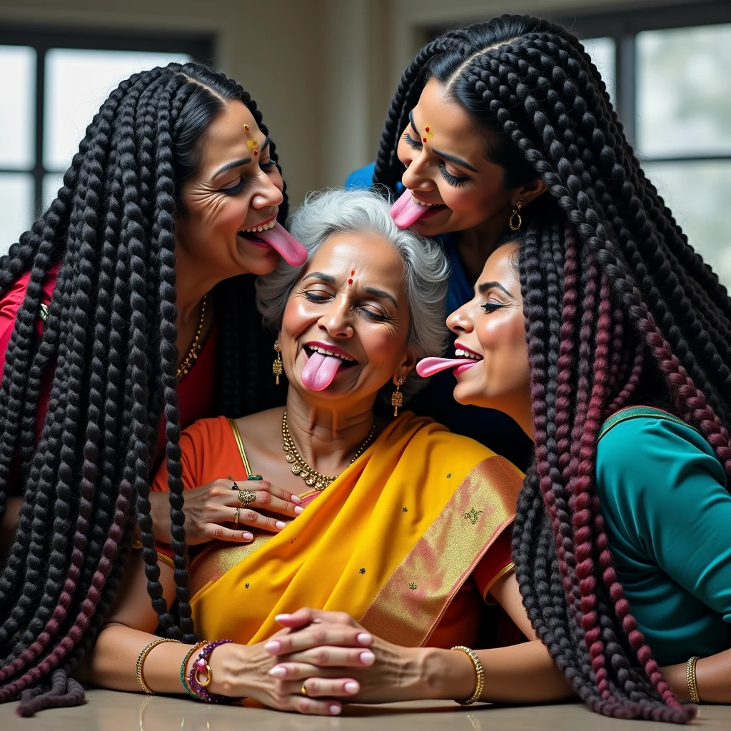 In a office,total 4 india eldery ladies involving and licking their hairs of each others wildly,all four of them,with their hairs respectively colors for the marure ladies and eldery lady hairs in as per image prompt,their long,meticulaiursly suler conrowed braided hairs shining ,red lipsstick,natural tongues pulled out,licking the eldery lady' hair by other eldery with conrowed hairs like she is being raped excat in image,These all three ladies' faces are with showing full of sexual wildness showing out from their faces exact as in image prompt,Their eyes are fullfill with sexual wildness with raping scalp as per the imahe prompt,(Show me their tongues,long tongues:1.0) styled with 100000 liters hair oil,hairs like viscus oiled pulp,slick combed hair lines highly visible,{{{{Ladies wears perfect dresses in perfectt busty}}}},{{{{{NSFW}}}}},{{{{{{Hairs highly soaked}}}}}},{{{Hairs Drenched in water}}}}},{{{slick combed hair lines}}}},{{{{Hairlines reflecting shinning like mirrors with water}},{{{{{Showcase full bodies perfect figures}}}}},{{{{{High resolution perfecr color grading}}}}}},{{{Perfect conrowed on all three ladies exactly in image prompt}}}}}}},((((((Generate ethnicity as indian sexy build ladies))))))),((((((Generate wildness poses where shows the wildness maturity of the sexually wildness and extremly extremly wildness in to hair licking by their tongues exatly as image prompt if someone sees this should get errected)))),