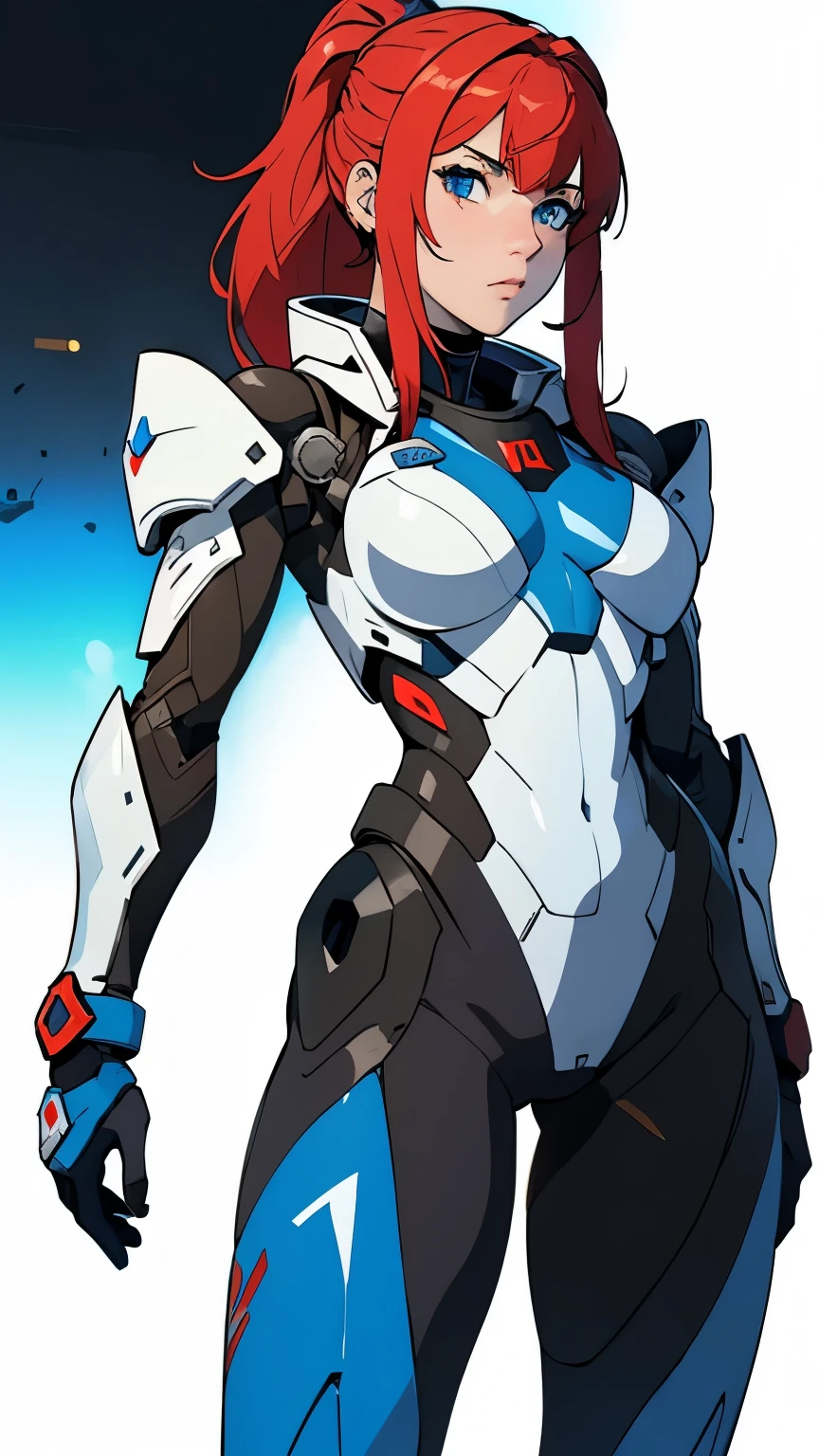 RUSSIAN WAIFU in combat exoskeleton, suit colors white blue and red, Very detailed, Vibrant, Ultra-high resolution, High Contrast, masterpiece:1.2, highest quality, Best aesthetics), (Small face), (Very detailedな肌:1.2)