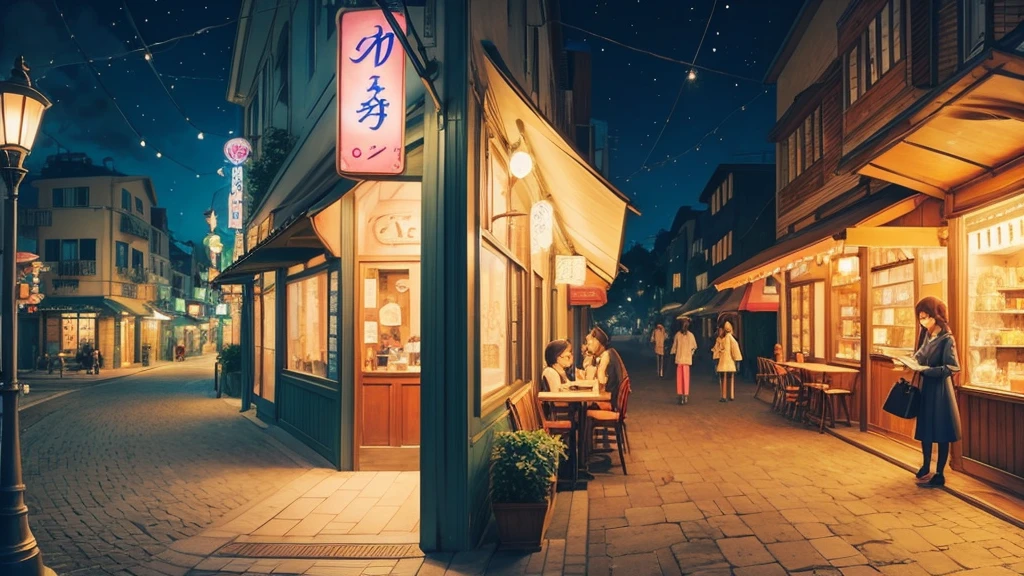 Ghibli style anime woman、Cafe、Ghibli-style illustrations、City Pop、night、reading、Person Up