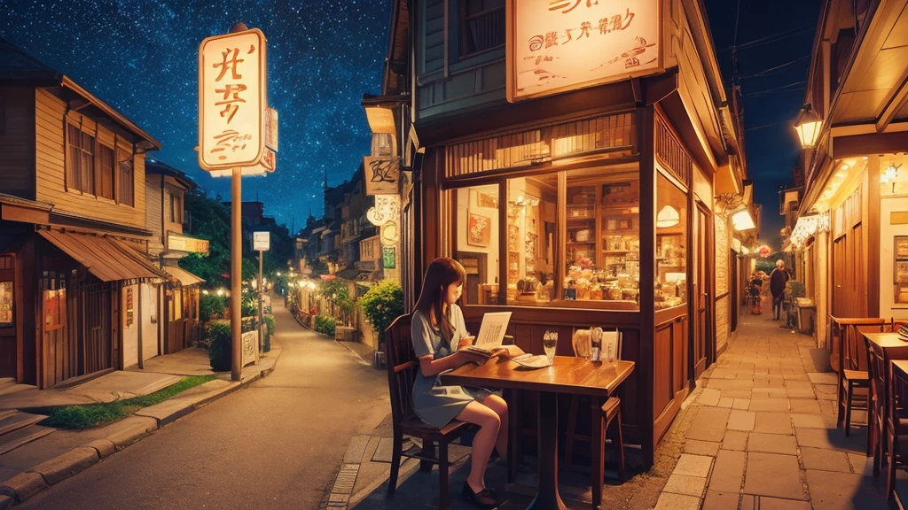 Ghibli style anime woman、Cafe、Ghibli-style illustrations、City Pop、night、reading、Person Up