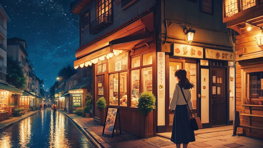 Ghibli style anime woman、Cafe、Ghibli-style illustrations、City Pop、night、reading、Person Up