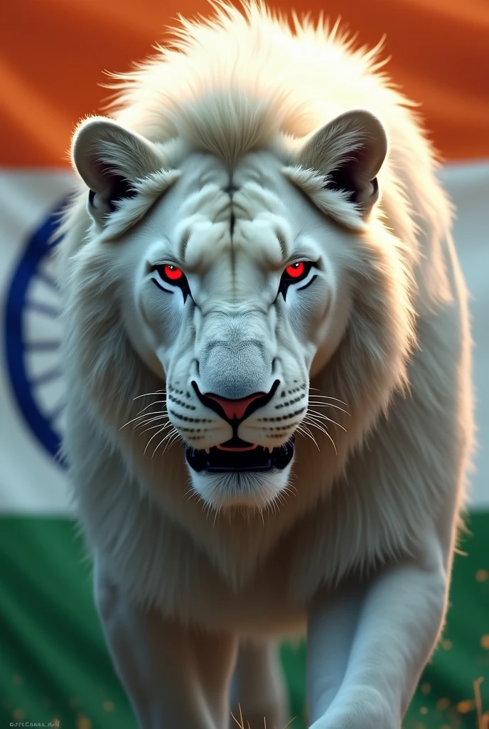 Dangerous lion with red eyes and white colour hair in front of India flag
