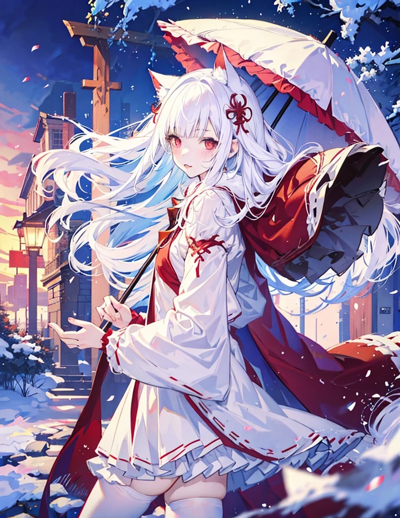 White hair, anime, shoujo, shrine, white cat ears, red witch costume, snow, red umbrella, red eyes, snow, white stockings
