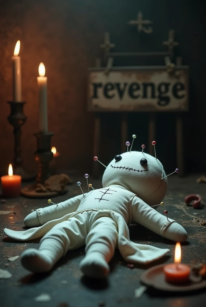 Voodoo rag doll, White color, thrown on the floor, with pins stuck in, in a witch&#39;s room, with candlelight and a sign in Spanish that says "revenge" 