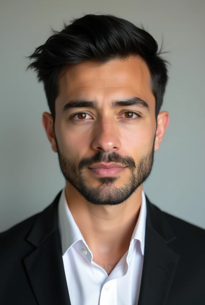 A young man dressed in a black blazer over a white shirts light beard brown color,hair color black and black eye for passport size picture.