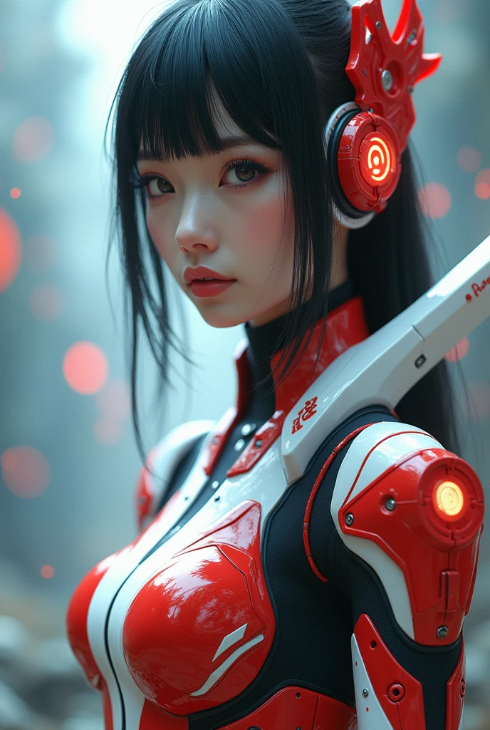 (Best Quality, 4K, 8K, High Resolution, Masterpiece: 1.2), (Super Detailed, Realistic, Photorealistic:1.37), A woman in futuristic clothing holding a futuristic sword, Trending on cgstation, Trending on cgstation, (Portrait of a girl in the Knights of the Zodiac:1.4), (blunt bangs:1.5), Cute Cyborg Girl, Perfect android girl, Portrait Astronaut Girl, Beautiful girl cyborg, Girl wearing red white mechanical cyber armor with "wuling" logo, Game CG, cgsociety and fenghua zhong, Beautiful Cyborg Shrine Maiden, Bioluminescence, (Gal Gadot:0.6)
