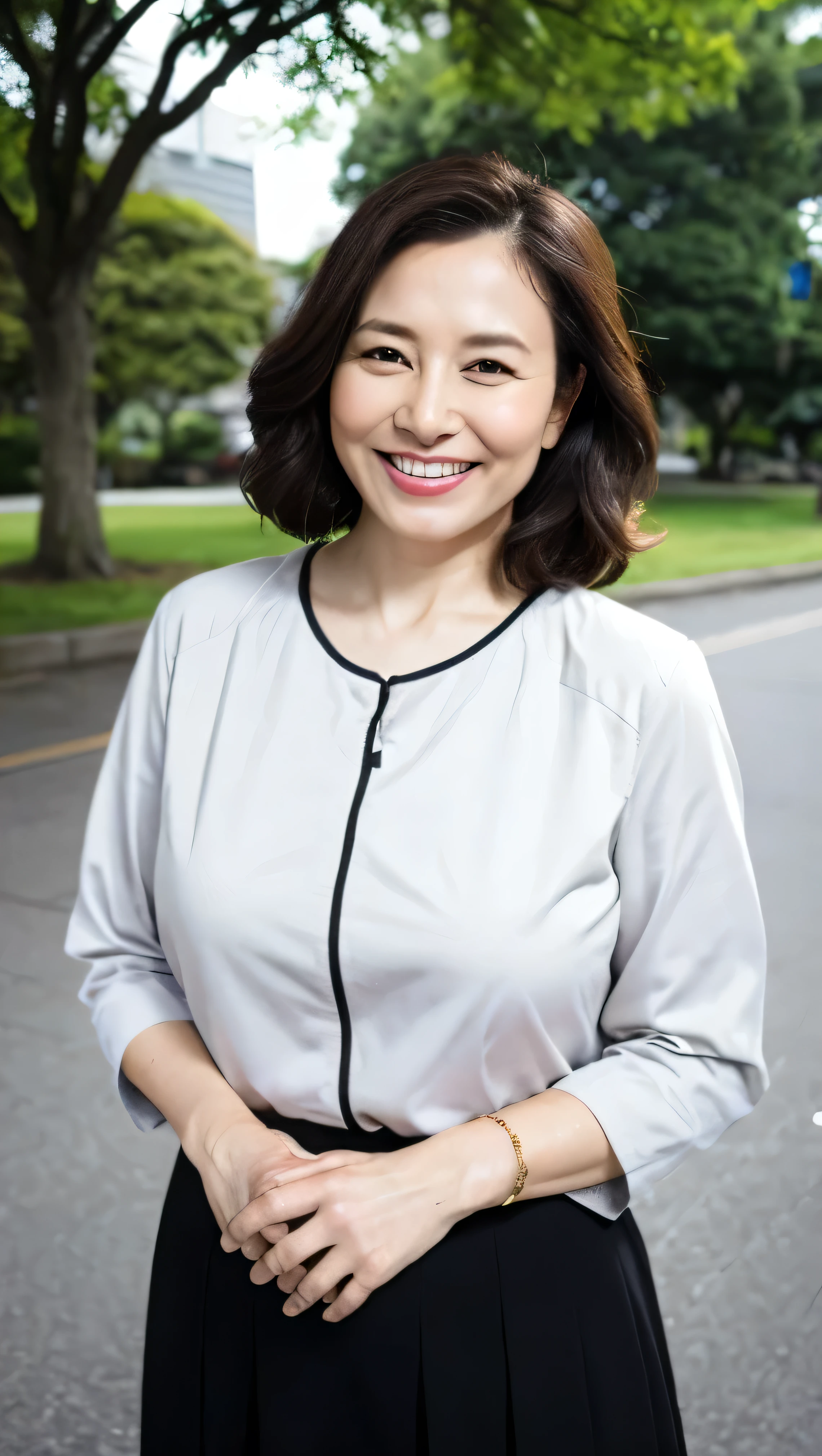 Standing in the park, Wrinkles around the eyes, Smiling with teeth showing, Plain short-sleeved clothing, senior citizen, Draw lips correctly, Red lipstick, No discomfort, 16K, Highest quality, Very detailed, Realistic, Very detailed肌, (Japanese), (alone), 100 years old, Large Breasts, , Glamour, sexy, Chromo White Skin, Staring straight ahead,Big Tits, Large Breasts, Big Breasts
