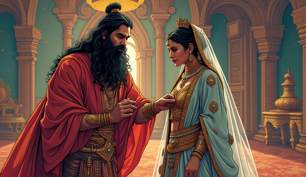 Comic style, Shakuni helping Gandhari prepare for her wedding, with vibrant colors and dynamic poses showing action and grandeur