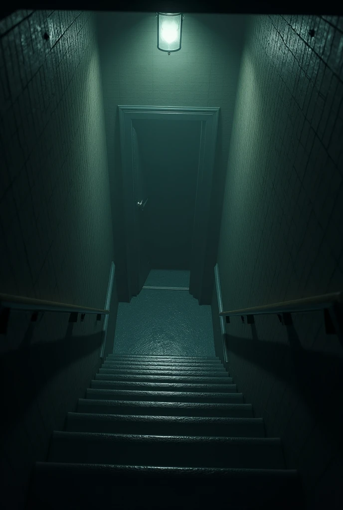 Overhead shot, showcasing the staircase, the basement door opens automatically, whispers emanate from the darkness.