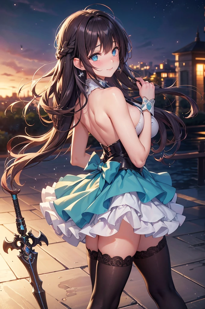 A beautiful girl in a short skirt holding a sword and a bird, outside, night, (magical girl), leotard, fluffy layered skirt, thigh highs, bow, wand, wings, flying, floating, big rounds breasts, dark brown hair, long bangs, french braid, long hair, wavy hair, expressive hair, shiny hair, hairclip, hair ribbon, jewelry, aqua eyes, glowing eyes, pupils sparkling, earrings, blush, light smile, shy, embarrassed, nervous smile, beautiful detailed eyes, natural lighting, high detail, anime, anime style, depth of field, cinematic lighting, game CG, dithering, image fill, multiple views, wide shot, from above, from behind, from below, atmospheric perspective, perspective, panorama, Wide-Angle, f/1.8, 85mm, Nikon, 8k, super detail, masterpiece, retina, masterpiece, accurate, anatomically correct, textured skin, high details, best quality, highres, 16k
