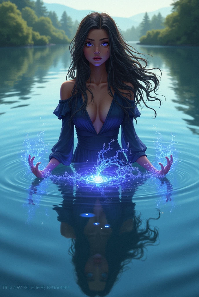 I want you to make a cover of a fantasy story where the protagonist is a purple-eyed sorceress., Brown skin, dark brown hair and can't control her powers, that it looks artistic and that it is a ager and that it is far away in the middle of a crystal clear lake.
Make it a simple cover and put a title "trapped in my nature",