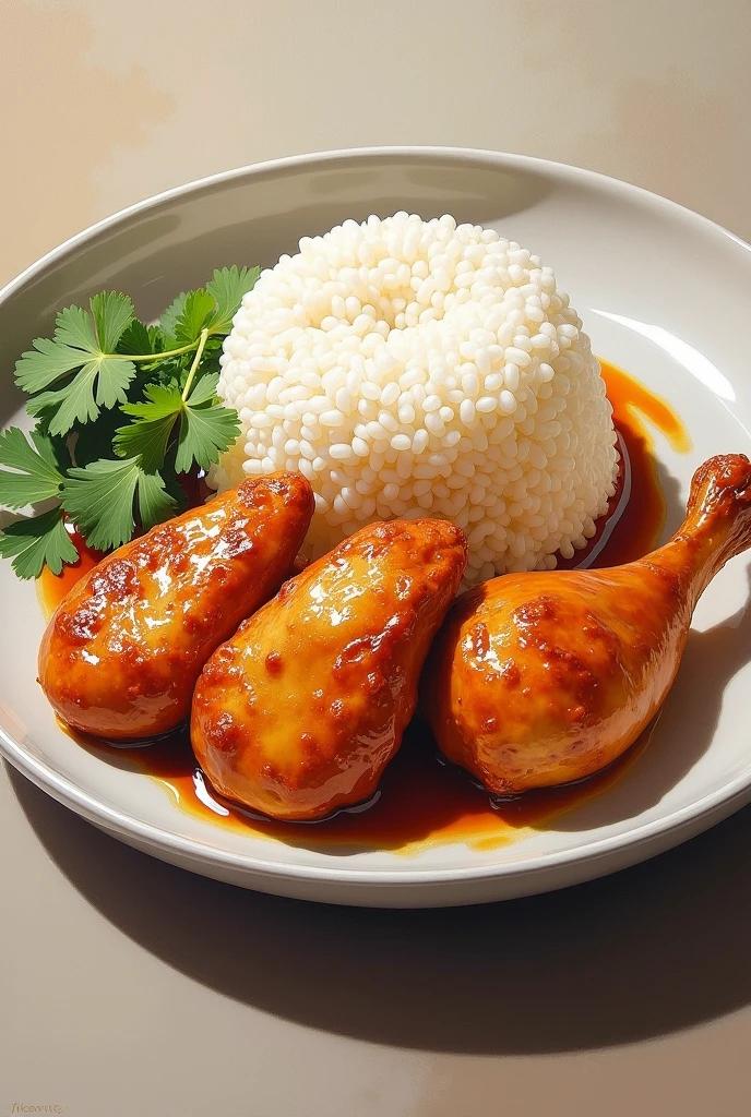 Oil painting of Hainanese Chicken Rice on a plate and/or bow. No humans in the picture.