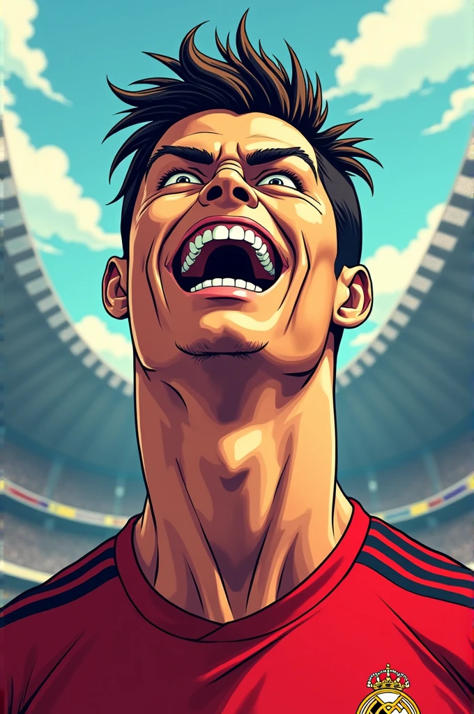 Make a Ronaldo picture with his evil laugh and make his picture in anime style and it's looks like anime character