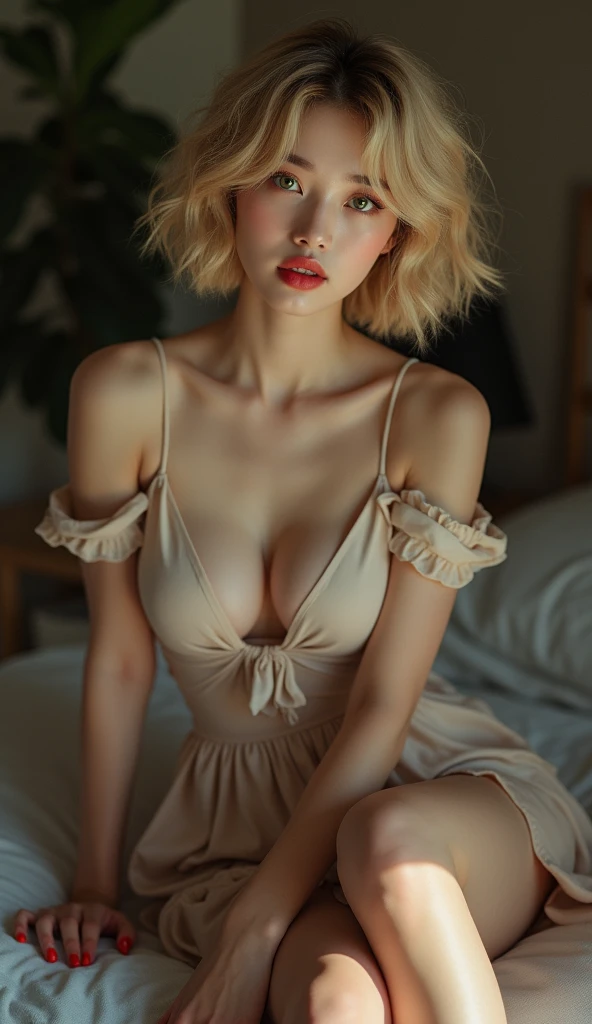((masterpiece)) ((hyperrealistic)) ((high resolution)) ((professional photography)), 8K, a 1 Chinese girl, short curly blonde hair, round radiant face, green eyes, natural red lips, plump body, plump arms, normal big breasts, perfect hands with beautiful red fingers, wearing a mini dress, sitting on the bedroom sofa, legs wide open, smooth white thighs, sensual, challenging, dim light, aesthetic