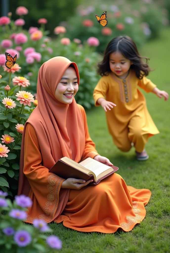 a beautiful Indonesian woman, 2, wearing an orange robe with motifs, a matching long hijab sitting on a grass, both hands opening a brown book, smiling beautifully at the camera. Beside him was a  girl, shoulder length black hair, wavy, wearing a knee length yellow dress, running around chasing butterflies flying around the beautiful flowers around them. with a flower garden in the background with green grass and several beautiful flower plants. Relax pose, photo shoot, camera from above, face realistic focus, realistic pink lipstick, focus, 5D 8K