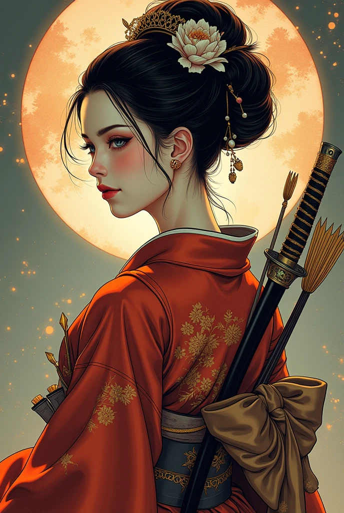 (Ultra-detailed face, looking away, Fantasy Illustration with Gothic, Ukiyo-e, Comic Art, Rich colors), BREAK (Japanese courtesan of the Heian period (794-1185), wearing a black eboshi (headgear), a pair of bracelets over the ears, a vermilion-embroidered robe with a hem of a gesho (undergarment) reaching from the waist to the ground, a hanabuto (half arm) visible under the collar, a belt with a hirago (a flat cord) around the waist, a ceremonial sword with an inlay on the belt, an arrow barrel on his back, an arrow in the barrel, a bow about his height, and a white thimble with a white thong and black leather shoes. He wears white thimble and black leather shoes.)