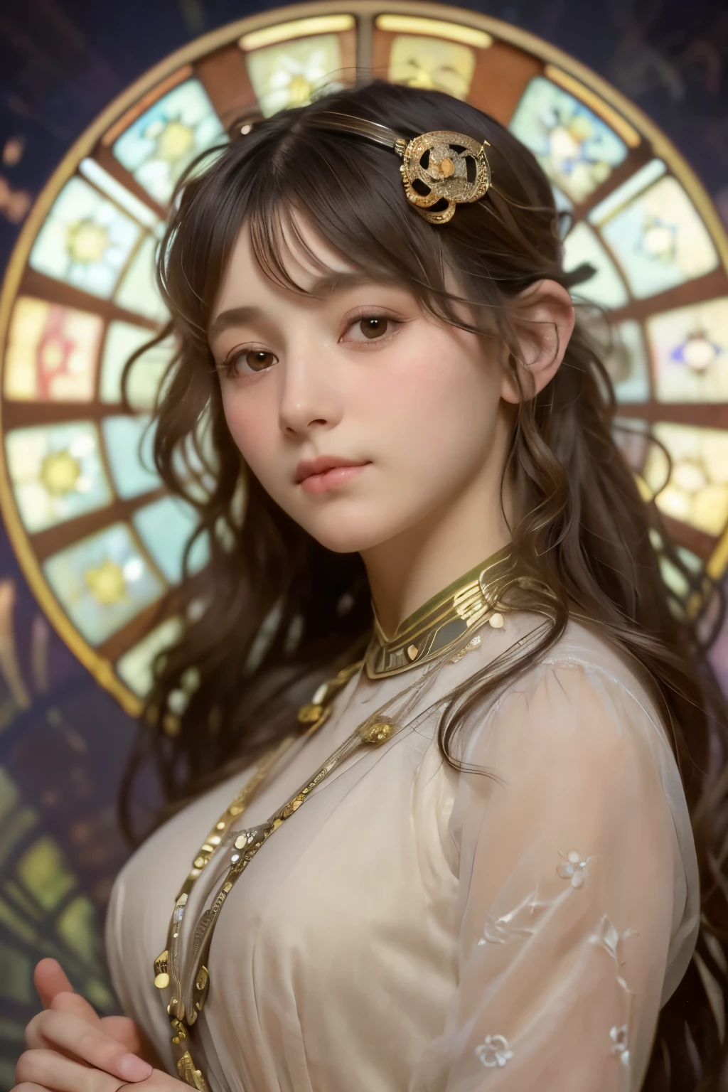 ((masterpiece:1.4, Highest quality)), (Realistic photos:1.4), (artwork),((1 girl)), (Otherworldly beauty), (dream-like),(超High resolution:1.2), Very delicate and beautiful, wonderful, Very detailed CG Unity 8k wallpaper, Very detailed, High resolution, Soft Light, Beautiful detailed, Very detailedな目と顔, Beautiful and exquisite nose, Beautiful and exquisite, (Dressed in early 20th century French costume:1.3),Cinema Lighting, Perfect Anatomy, Slender body, (Parted bangs),(Portrait of a Girl by Alphonse Mucha:1.5), (Abstract background), (Designed image background),Sparkle Effect,