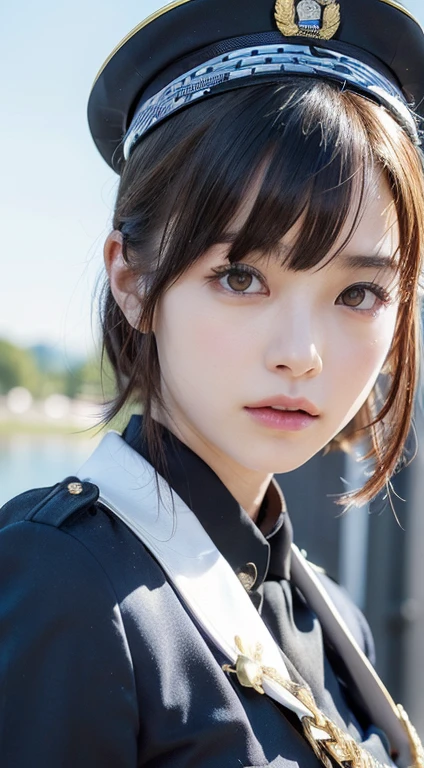 (Close-up:1.4)、(RAW Photos:1.2)、(Photorealistic:1.4)、(masterpiece:1.3)、(Highest quality:1.4)、(Beautiful woman with perfect body:1.4)、Beautiful female soldier、Wearing a suit、Beautiful young Japanese woman、Highly detailed face and skin texture、Small, large eyes、double eyelid、Cute Face、(Short Bob:1.2)、Storm and epic war scenes、cyber punk、(Plug Suit)、((Navy and white futuristic police uniform)), Perfect quality,, Stunning beauty,, Small breasts, (High quality anime), Standing on the street by the river next to the village, Please place your hand on your chest, Looking at the audience, Gauntlet. Short hair blowing in the wind, , Bright lightning.Gun holder on the waist