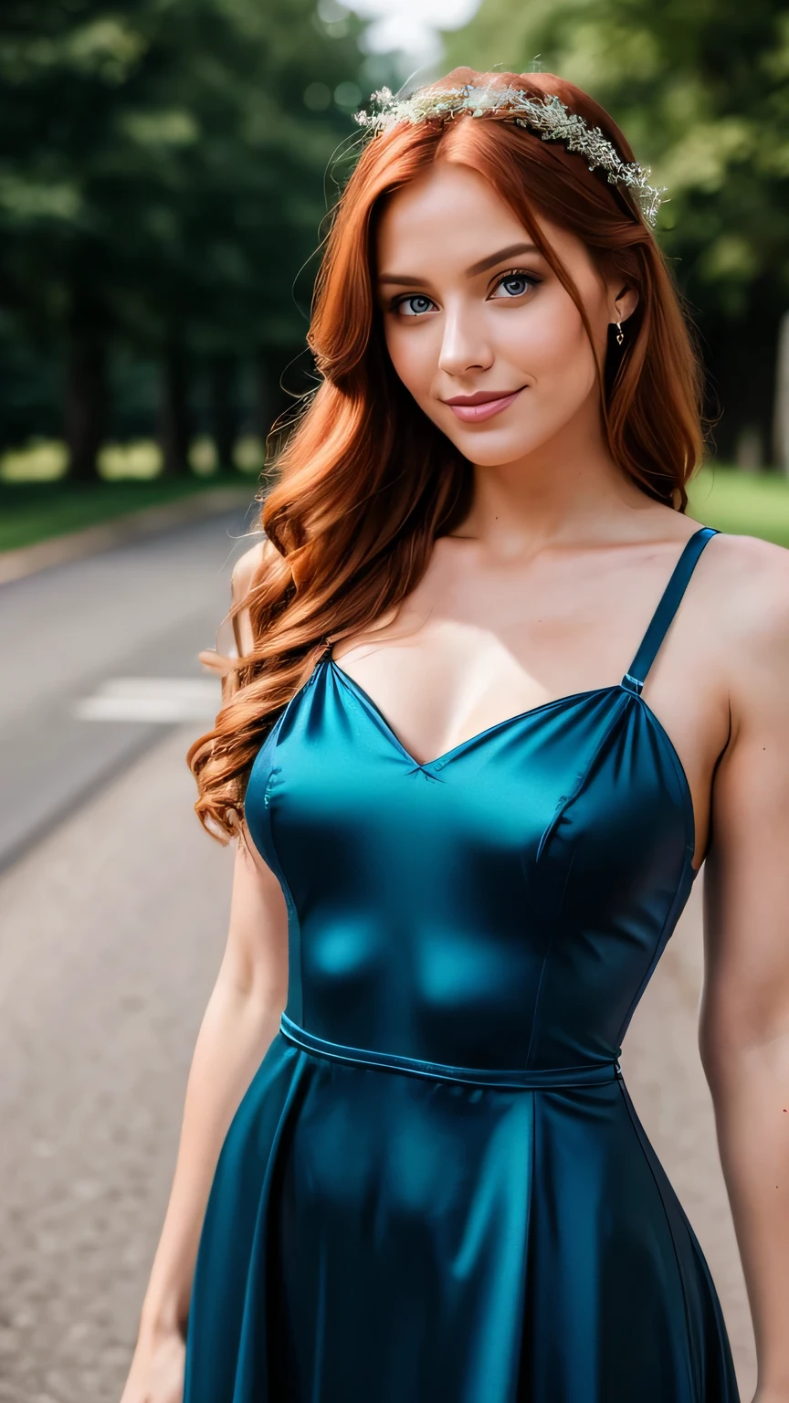 Realistic full body photo of a smiling redhead with long hair, She dances in front of the camera wearing an A-line dress with straps made of shiny dark blue satin, Tights, Park,glamour fotoshooting, Wedding celebration, perfect anatomy, perfect green eyes. Perfect hands with 5 fingers on each hand, Matching girl, looking at the camera, 1 Frau. (Eye make up:1.1), (highly detailed skin:1.1), spirit, analog style, keen focus, 8K UHD, dslr, good quality, Fujifilm XT3, Grain, Award-winning, masterpiece. Wedding celebration
