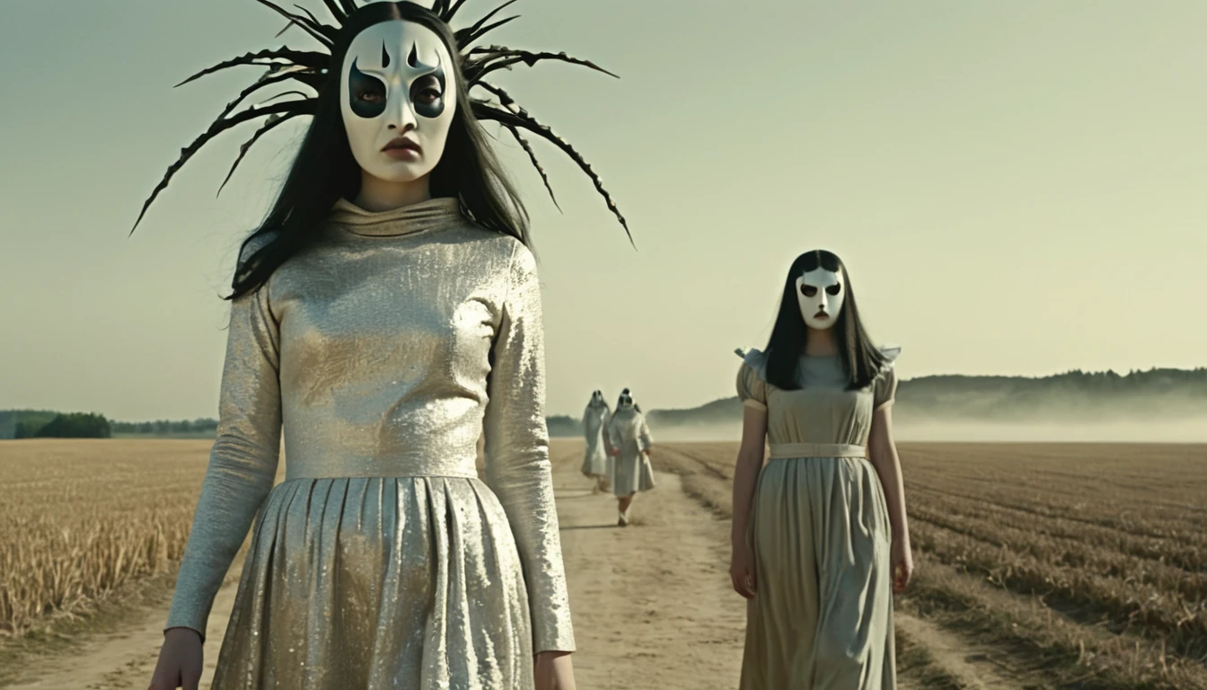 Sepia-toned, vintage-style photograph of three subjects walking in a desolate, surreal countryside with strange structures. The central figure is in the foreground, in close-up, a young girl with long, straight black hair, wearing a simple light-colored dress with metallic effects. She has fair skin and a neutral expression. Flanking her on either side are two individuals dressed in elaborate, creature-like costumes, with textured, scaly, white, and shiny masks and long, dark, ritual-style oculi robes. The masks have exaggerated, monstrous facial features, including large eyes and pronounced crests. The overall composition creates a stark contrast between the innocent appearance of the girl and the frightening, fantastical nature of the costumed figures. The background is a desolate, misty countryside with strange structures, adding to the eerie and creepy atmosphere of the scene. Horror, Vintage, Photorealistic, Early Science Fiction, Intricate Detail, Inspired by Fritz Lang, Directed by Fritz Lang. Retrofuturism, 1920s, old horror film, ((motion picture film)), ultra detailed, chiaroscuro, complex, sharp focus, studio photography, highly detailed, photorealistic style, hyperrealistic, high dynamic range, B&W, realistic textures, 8K UHD, Nikon D 850, Kodak Portra 400, Fujifilm XT, 3D rendering.