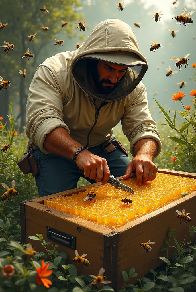 A man cutting behive
make bees appear
Make bees more dangerous