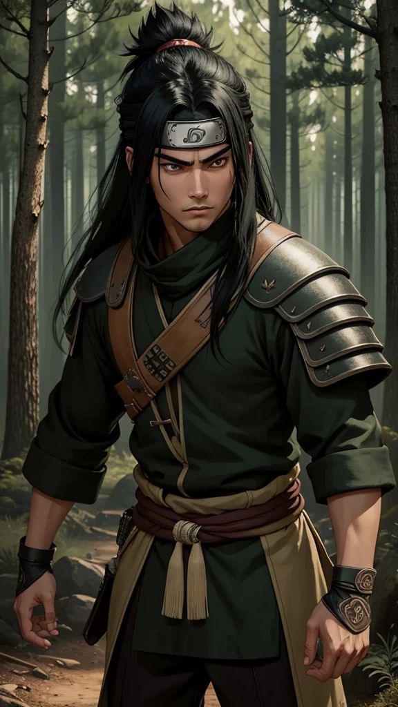 (cowboy shot), sfw, (masterpiece), (best quality:1.0), (ultra highres:1.0), detailed eyes, BREAK looking at viewer, 1boy, dark skin, long black hair, intimidating look, green samurai armor, samurai armor, ornate clothing, pouches, black headband, armband, wood jutsu, narutoStyle, BREAK (forest, many trees, night, outdoors, gorgeous view), intimidating pose