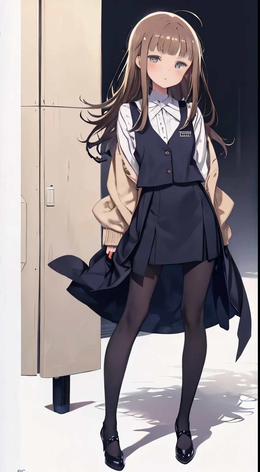 Top quality, masterpiece, High resolution, (whole body), front, frontやや下からの構図, Symmetric, 18-year-old girl, alone, (whole body from head to toe), Small breasts, Long Hair, Brown Hair, slightly Messy Hair, bangs, (black tights), ( (Black Pantyhose), Black Pantyhose, composition Show me your white panties, slender beautiful feet, とても美しい1 girl (Navy high heels) feet), blush, Shy big eyes, Messy Hair, looking at the camera, Show me your white panties, Hide your arms behind your back, Dark blue office lady uniform, Dark blue pencil skirt, Navy Blue Vest, Beige cardigan