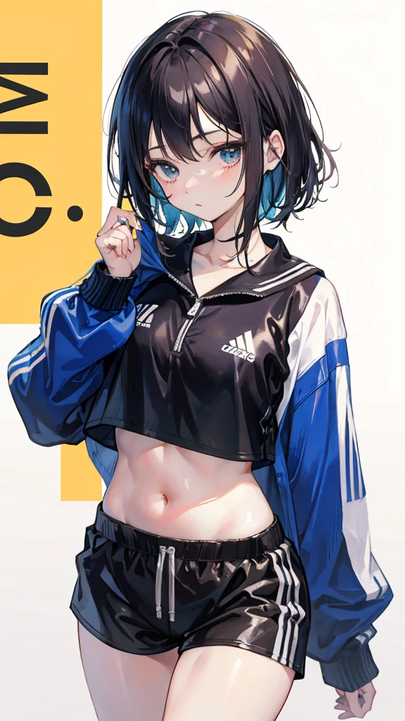 (Realistic painting style:1.0), Masterpiece, Best quality, absurderes, comic strip, illustration,
1 girl, Medium hair, Cute girl, young and cute girl, Korean girl, {Breasts}, Width 17, 
A girl in a white shirt and black shorts, Wearing track suit, croptop, trending on r/Street attire, She is seen wearing streetwear pieces, Wearing track suit, Sportswear,