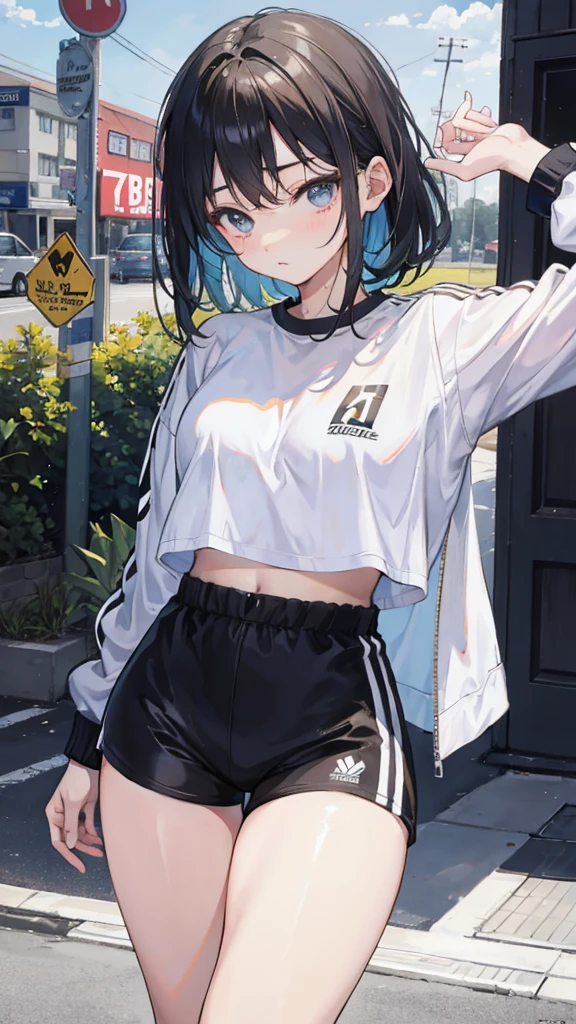 (Realistic painting style:1.0), Masterpiece, Best quality, absurderes, comic strip, illustration,
1 girl, Medium hair, Cute girl, young and cute girl, Korean girl, {Breasts}, Width 17,
A girl in a white shirt and black shorts, Wearing track suit, croptop, trending on r/Street attire, She is seen wearing streetwear pieces, Wearing track suit, Sportswear,