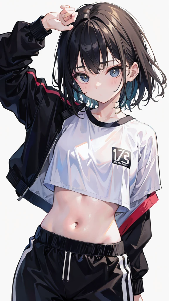 (Realistic painting style:1.0), Masterpiece, Best quality, absurderes, comic strip, illustration,
1 girl, Medium hair, Cute girl, young and cute girl, Korean girl, {Breasts}, Width 17,
A girl in a white shirt and black shorts, Wearing track suit, croptop, trending on r/Street attire, She is seen wearing streetwear pieces, Wearing track suit, Sportswear,