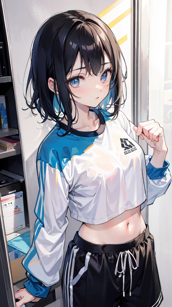 (Realistic painting style:1.0), Masterpiece, Best quality, absurderes, comic strip, illustration,
1 girl, Medium hair, Cute girl, young and cute girl, Korean girl, {Breasts}, Width 17, 
A girl in a white shirt and black shorts, Wearing track suit, croptop, trending on r/Street attire, She is seen wearing streetwear pieces, Wearing track suit, Sportswear,