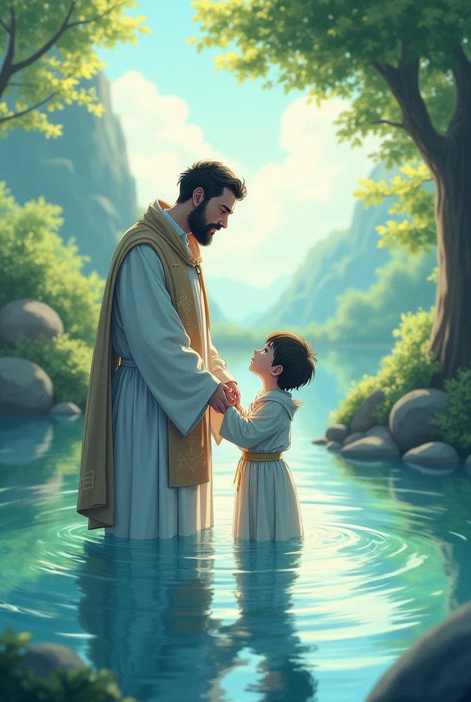 (anime manga style)
A picturesque outdoor setting with a natural body of water. a priest and a child are submerged in the water. the priest is holding the child's hand