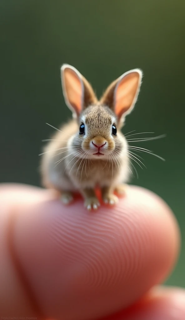 photorealistic, 34K, A microscopic rabbit perched on a human finger