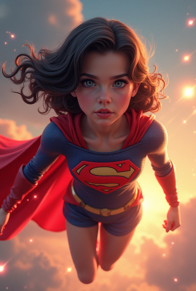 a teenage girl superhero, dark-haired girl in red and blue costume with cape, detailed face and body, beautiful detailed eyes, beautiful detailed lips, extremely detailed face, long eyelashes, dynamic action pose, flying in the sky, glowing energy effects, dramatic lighting, cinematic composition, vibrant colors, comic book style, digital painting, 8k, high quality, detailed description