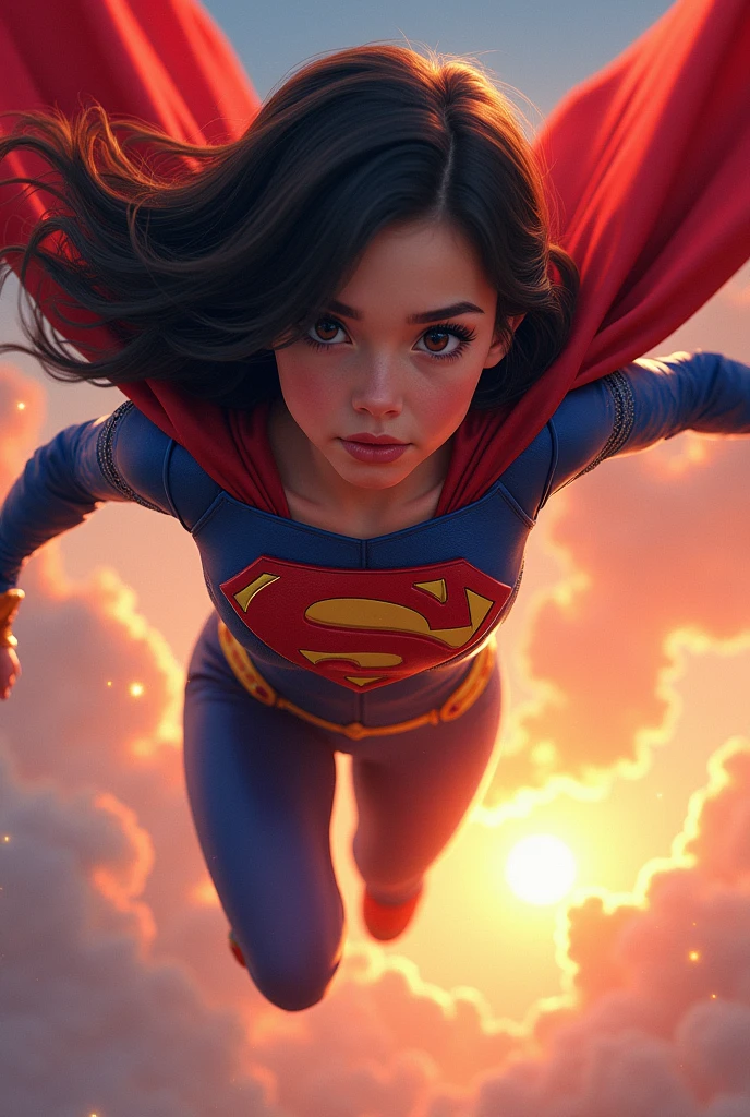 a teenage girl superhero, dark-haired girl in red and blue costume with cape, detailed face and body, beautiful detailed eyes, beautiful detailed lips, extremely detailed face, long eyelashes, dynamic action pose, flying in the sky, glowing energy effects, dramatic lighting, cinematic composition, vibrant colors, comic book style, digital painting, 8k, high quality, detailed description
