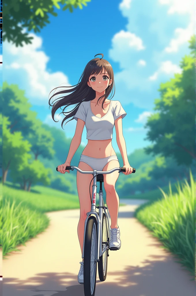 A girl in shirt and panty on bike