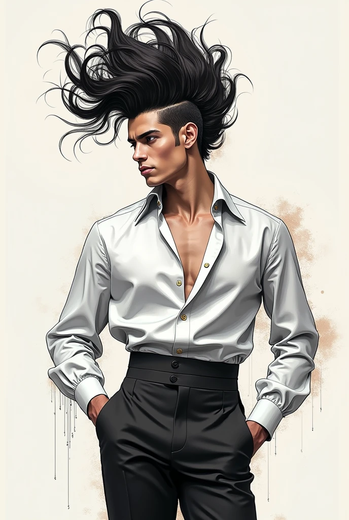 Make me a sketch of a hairstyle, for Carmen, a work of modern ballet and contemporary dance. I want an image of a man wearing high-waisted suit pants