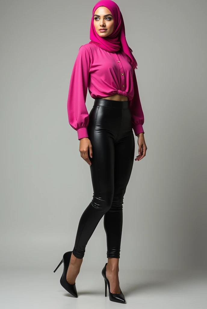 ((best quality)),pink hijab, leggings, long legs, sexy pose, high heels,