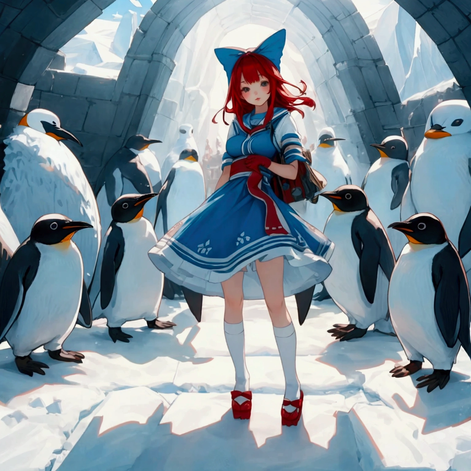 Alice's Memories in Wonderland,standing in Antarctica with arched backsurrounded by stuffed penguins,medium red hair, cute Girl, fantastic photo breasts, hands on lips,full body, sunlight shining,  Japanese anime
