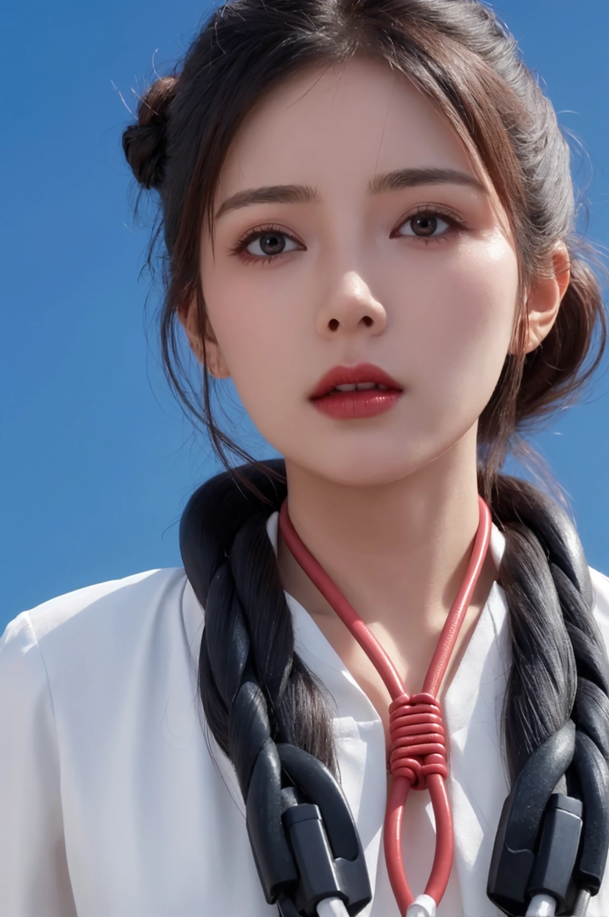 Close-up of woman strangled to death by cable, cable around her neck, choked by wires, Beautiful woman trying to breathe.