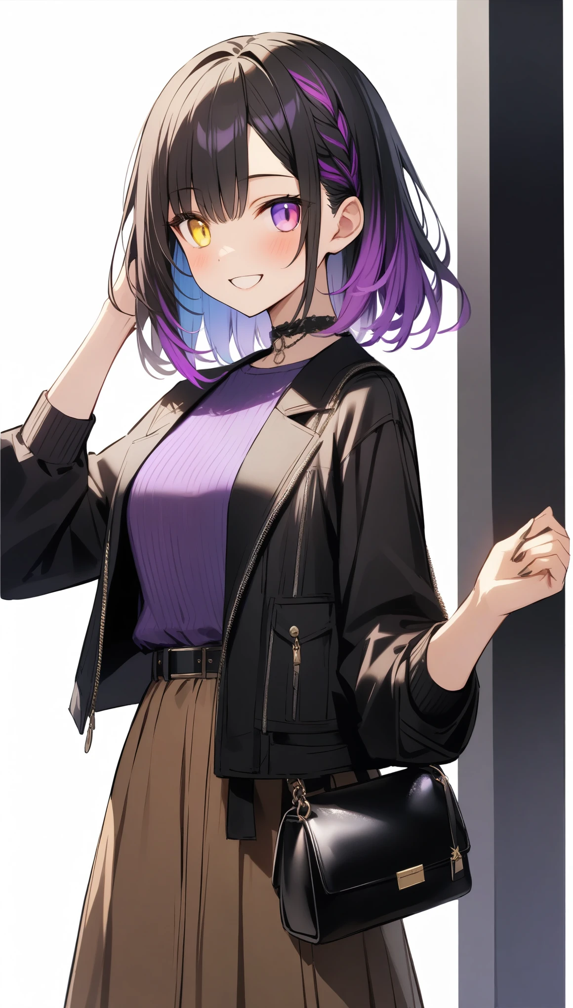 {{masterpiece}}, The best quality of life, 超High resolution, Attention to detail, high quality, High resolution, 最high quality, 4K, 8k,Attention to detail,((Black Hair、Dye your hair purple)、Gradient Hair、Multi-colored hair、Medium Hair)) 、One handsome man、((Perfect demon purple and yellow blue eyes)) , ((Purple and yellow eyes)) ,((Heterochromia iridis))、((White background))、(((Black jacket、Casual Fashion、Modern fashion))、smile、Cowboy Shot