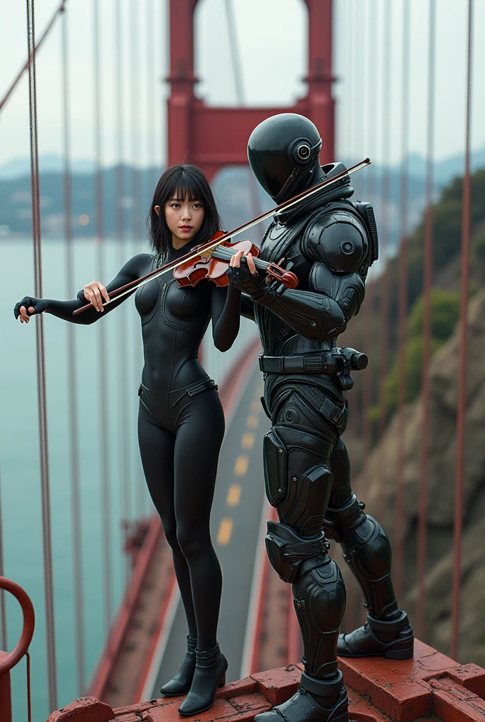 photo-realistic, ultra-realistic, very beautiful Japanese futuristic soldier, boyish girl, extremely muscular, famous Japanese idol, 2, dramatic scene, masterpiece, beautiful eyes, playing the violin at the top of the golden gate bridge, skyscrapers, cyber punk mecha armor suits, dynamic pose, dynamic angle, standing on the dangerous wires