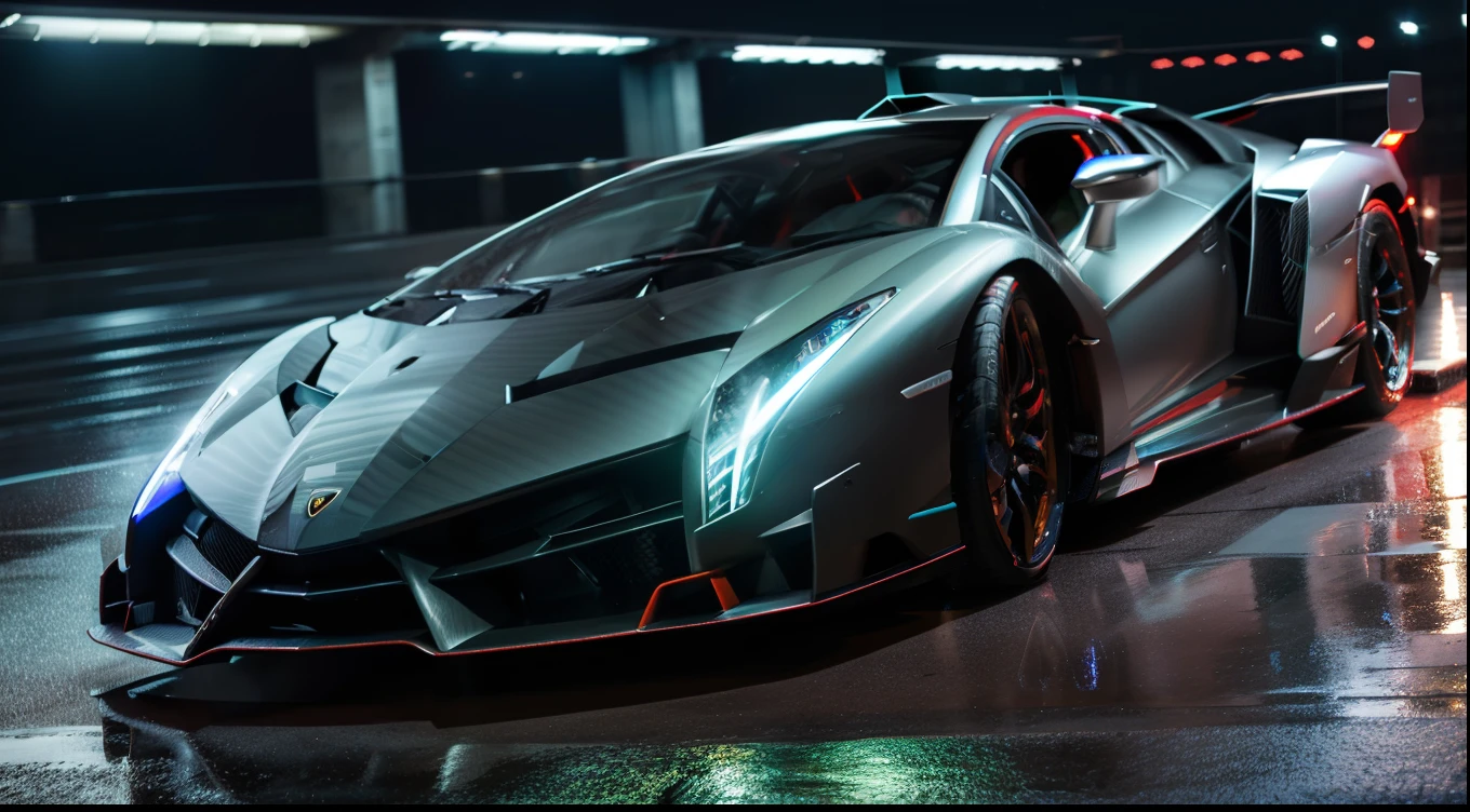 1 car, lamborghini veneno, City street, night, Rainy, rainy, beautiful lighting, colorful lighting, super detailed, wallpaper, 8k quality, masterpiece