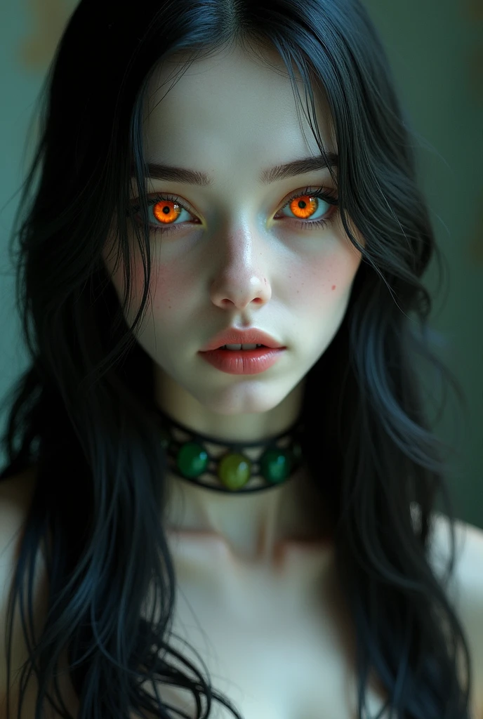 (photorealism:1.2), young woman, White skin, European long straight black hair, slim, face heart, fine features,  Orange eyes with emerald green streaks, vampire look full body 
