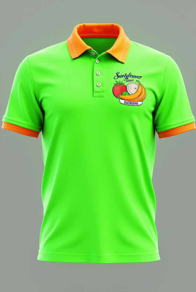 Create me a picture of a short sleeve polo sweater, phosphorescent green color with carrot edges on the neck, with a logo on the top left that says surtyfruver el Sucreño and that has some fruits and vegetables.