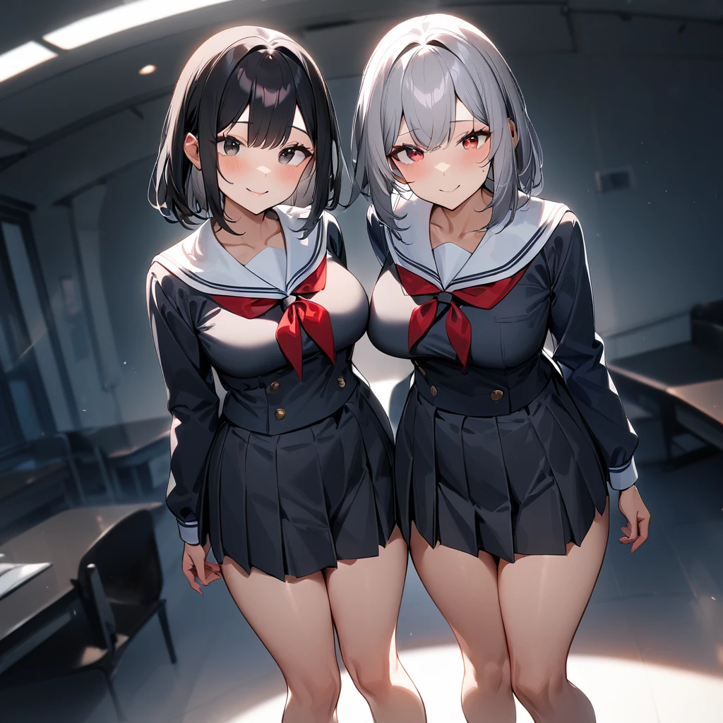 (2girls),adult,smile,school_uniform,White sailor,bareLegs,feet,medium hair.black hair,gray hair,black eyes,red eyes,medium_breasts,breasts,masterpiece, best quality, very aesthetic, absurdres,front View,(straight-on),side by side,light,dynamic angles,(masterpiece, best quality, very aesthetic, absurdres
