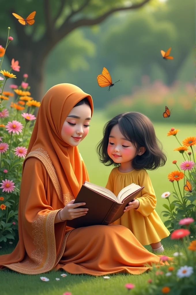 a beautiful Indonesian woman, 2, wearing an orange robe with motifs, a matching long hijab sitting on a grass, both hands opening a brown book, smiling beautifully at the camera. Beside him was a  girl, shoulder length black hair, wavy, wearing a knee length yellow dress, running around chasing butterflies flying around the beautiful flowers around them. with a flower garden in the background with green grass and several beautiful flower plants. Relax pose, photo shoot, camera from above, face realistic focus, realistic pink lipstick, focus, 5D 8K